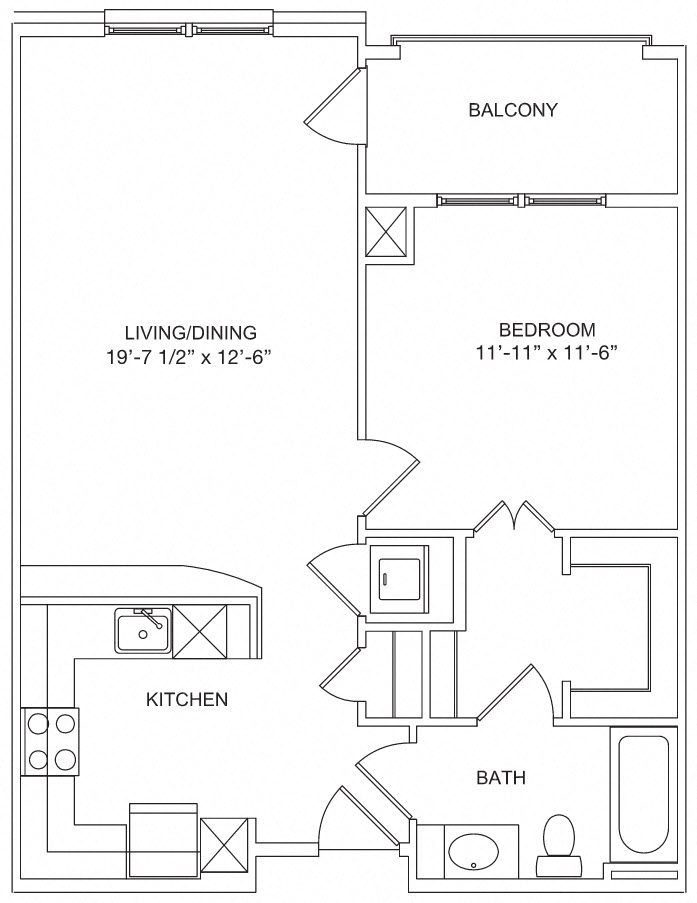 Floor plan for 1 bed, 1 bath, 812 sqft